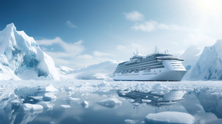 Cruise Ship Sailing in Icy Waters with Snowy Mountains, glaciers and Icebergs. Arctic Voyage. Polar Expedition. Tourism and travel concept. Ideal for background, card, banner, poster. With copy spaceの素材