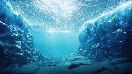 Underwater Icebergs and glaciers. View from ocean depths. Stunning polar underwater landscape. Crystal clear blue water. Concept of melting glaciers, climate change, global warmingの素材