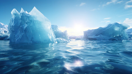 Arctic glaciers and ice icebergs in ocean. Stunning polar landscape. Concept of melting glaciers, climate change, global warming, sea level rise. For background, card, banner, poster. Copy spaceの素材