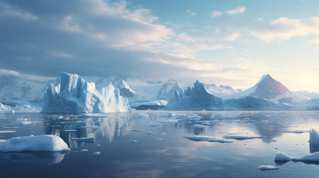 Arctic glaciers and ice icebergs in ocean. Stunning polar landscape. Concept of melting glaciers, climate change, global warming, sea level rise. For background, card, banner, poster. With copy spaceの素材