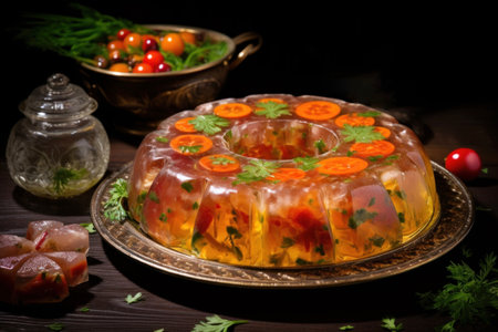 Aspic. Dish of chilled meat broth with meat and vegetables. Traditional national dish of Ukrainian cuisine. Holiday food. Jellied beef. For food blog, restaurant, cafe, menu, cookbookの素材