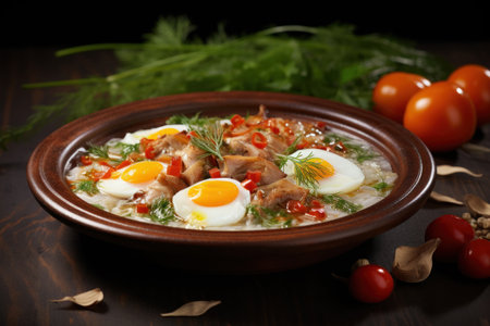 Homemade Goodness. Protein-Rich Meat and Egg Dish in a Clay Pot, Garnished with Vegetables and dill. Food blog, restaurant, cafe, menu, cookbook.の素材
