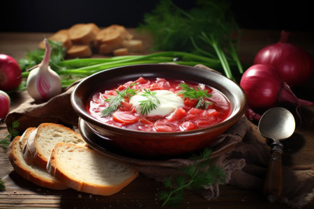 Borsch. Traditional national dish of Ukrainian and Russian cuisine. Bowl of vegetable and meat red soup with white cream and parsley. Beet Root Borsch. Food blog, restaurant, cafe, menu, cookbook.の素材