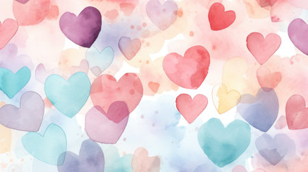 Hearts. A romantic background filled with colored pastel watercolor hearts, perfect for Valentines Day. Hand drawn illustration. For card, banner, greeting, print, packaging design, wrapping paper.の素材