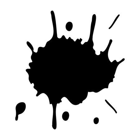 Ink blot. Abstract stain with drops and splashes. Black paint splatter. Vector illustration isolated on white background. Liquid dirty inkblot. Grunge style. Design elementのイラスト素材