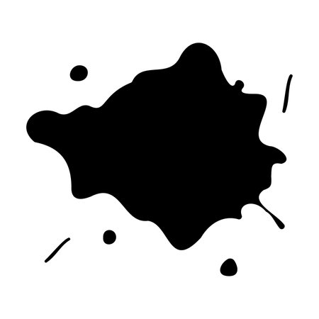 Ink blot. Abstract stain with drops and splashes. Black paint splatter. Vector illustration isolated on a white background. Liquid dirty inkblot. Grunge style. Texture. Design elementのイラスト素材