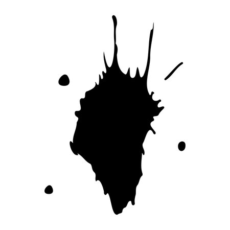 Ink blot. Abstract stain with drops and splashes. Black paint splatter. Vector illustration isolated on a white background. Liquid dirty inkblot. Grunge style. Design element. Dirty spotのイラスト素材