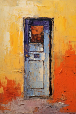 Door in wall. In style of oil painting. Metaphorical associative card on theme of Choice, door to the unknown, exit. Psychological abstract picture. Postcard, wall decoration, book illustrationの素材