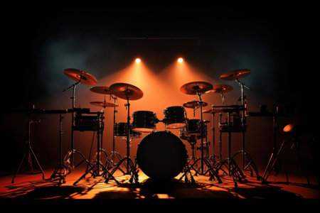 Drum set on stage illuminated by red and orange lights ready to perform. Drum kit on dark background. Ideal for music-related content. Musical percussion instrumentの素材