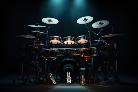 A drum set on stage illuminated by blue lights ready to perform. Drum kit on dark background. Ideal for music-related content. Musical percussion instrumentの素材