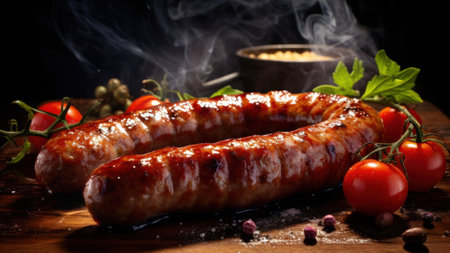 Close up view of grilled sausages served with cherry tomatoes and spices on a rustic wooden board. Ideal for food blogs, restaurant menus, and culinary articles.の素材