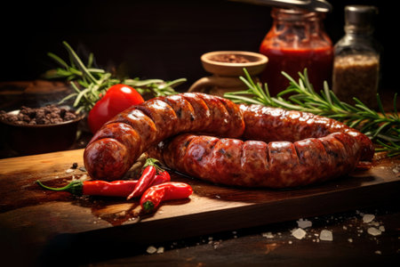 Grilled sausages with cherry tomatoes and spices presented on a wooden board. Perfect for cookbooks, food advertisements, and recipe websitesの素材