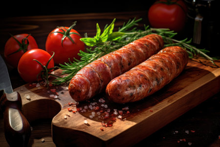 Grilled sausages accompanied by cherry tomatoes and spices on a wooden board. Suitable for food magazines, cooking shows, and gastronomy social media postsの素材
