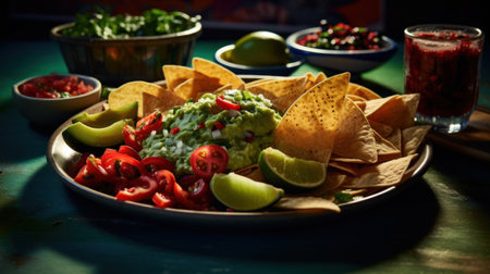 Guacamole. Snack made from avocado pulp with tomatoes, cilantro, vegetables, lime and spices. Traditional Mexican dish. On dark background. For food blog, restaurant, cafe, menu, cookbook.の素材