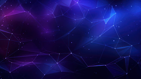 Abstract technology purple blue background. Glowing, shining geometric shapes. Futuristic and sci-tech wallpaper. Ideal for use in graphic, web design, advertising, technology, sci-fi themed designs.の素材