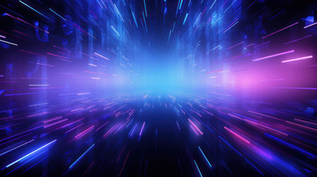 Abstract technology purple blue background. Glowing, shining geometric shapes. Futuristic and sci-tech wallpaper. Ideal for use in graphic, web design, advertising, technology, sci-fi themed designs.の素材