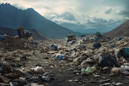 Large pile of garbage and discarded items under a stormy sky. A landfill with cans, bottles and other trash. Ideal for waste management, environmental or pollution-related content.の素材