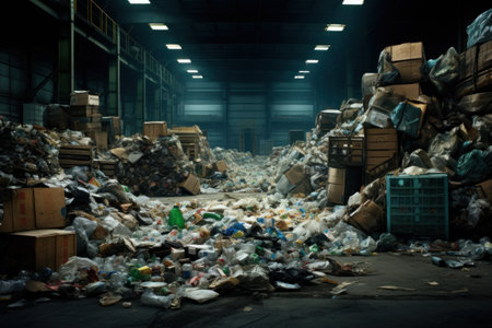 Industrial warehouse filled with discarded items and waste. ideal for projects related to waste management or environmental issues, for environmental awareness or waste disposal campaigns.の素材