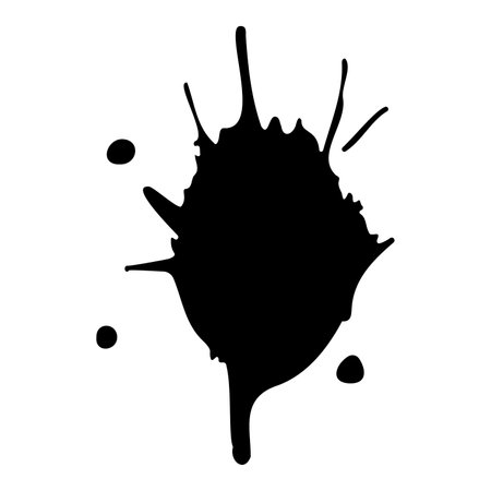 Ink blot. Abstract stain with drops and splashes. Black paint splatter. Vector illustration isolated on a white background. Liquid dirty inkblot. Grunge style. Design elementのイラスト素材