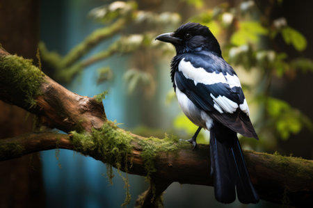 Beautiful magpie on tree branch in a tranquil forest. Nature and wildlife. Yellow green blurred background. Black and white plumage of a bird. Ornithology. Postcard, banner, poster, print, coverの素材