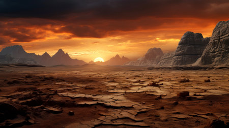 Red Martian desert. Fantastic alien landscape of another planet with mountains, red earth, fantastic sky with moon. Other worlds and fantasy concept. Fantasy illustrationの素材