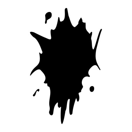 Ink blot. Abstract stain with drops and splashes. Black paint splatter. Vector illustration isolated on a white background. Liquid dirty inkblot. Grunge style. Design element.のイラスト素材