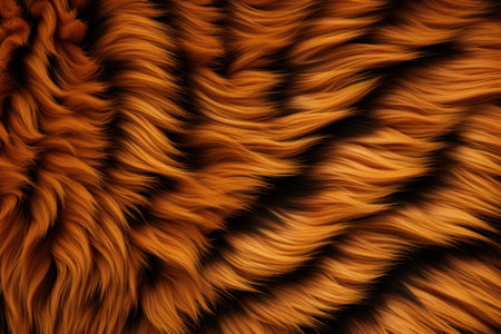 Tiger fur texture. Striped yellow black fluffy fur of a tiger. Fluffy fur of a red animal. Long soft cozy wool. Warm blanket, carpet, blanket, bedspread. Layout for design. Copy space. Close upの素材