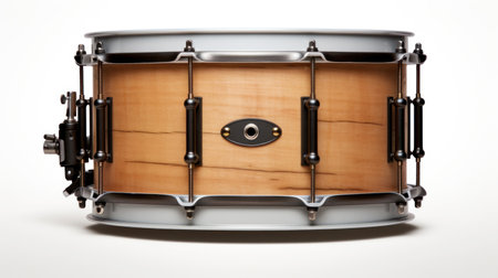 Close-up view of a wooden snare drum with metal hardware, ideal for use in music-themed designs. Isolated on a white backgroundの素材