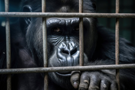 Gorilla locked in cage. Lonely monkey in cramped cage behind bars with sad look. Ideal for use in articles about animal rights, wildlife conservation, animal welfare and conditions of zoos.の素材