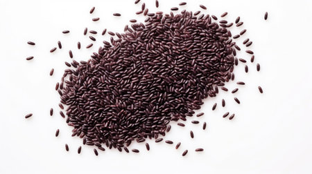 Heap of black rice grains on a white background, top view. Black rice texture. Suitable for food and nutrition related content. Ideal for use in culinary and health-related designs.の素材