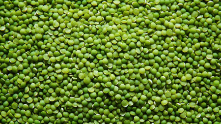 Top view of green lentils evenly scattered on the table.. Background texture of uncooked lentils. Copy space. Close up. Can be used in food and nutrition related content.の素材