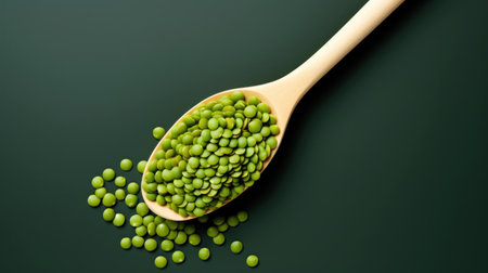 Top view of a wooden spoon with green lentils on a dark emerald background. Healthy vegetarian food, rich in protein and vitamins. Perfect for cooking, recipe or food related contentの素材