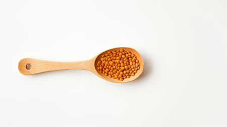 Top view of a wooden spoon with orange lentils on a white background. Healthy vegetarian food, rich in protein and vitamins. Perfect for cooking, recipe or food related contentの素材