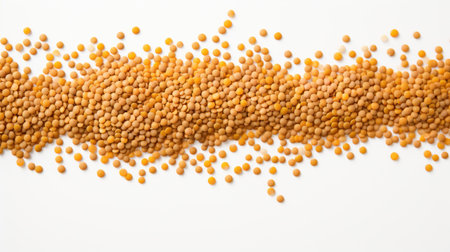 Scattered yellow lentils on a white background. Top view. Banner with copy space. Ideal for food and cooking related content. For banner, poster, organic food store, supermarket, food blog.の素材
