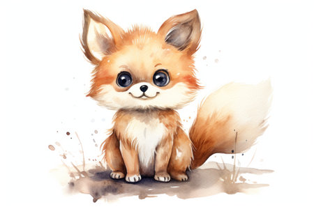 Watercolor Illustration of a Cute Fox. Charming forest animal. Isolated on white background. Ideal for children's books, educational materials, decor, decorative prints, greeting cards, scrapbookingの素材