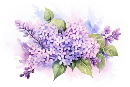 Watercolor Lilac Flowers. Illustration of lilac blossoms with green leaves. Isolated on white background. Ideal for greeting cards, invitations, wall art, spring-themed design, print materialsの素材