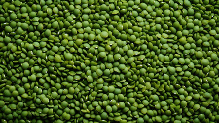 Top view of green lentils evenly scattered on the table.. Background texture of uncooked lentils. Copy space. Macro. Can be used in food and nutrition related content.の素材