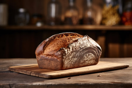 Rye Bread on wooden table against backdrop of blurred kitchen. Freshly baked loaf of rye bread with crispy crust. Made from organic whole grain rye flour. For bakery, food blog, recipe book, cafeの素材