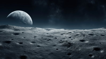 Moon rising over rocky lunar landscape. Surface of the Moon. Perfect for use in space exploration or science fiction themes.の素材
