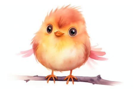 Watercolor Illustration of Cute yellow Bird. Charming forest animal. Isolated on white background. Ideal for kids book, educational material, decor, decorative print, greeting card, scrapbookingの素材