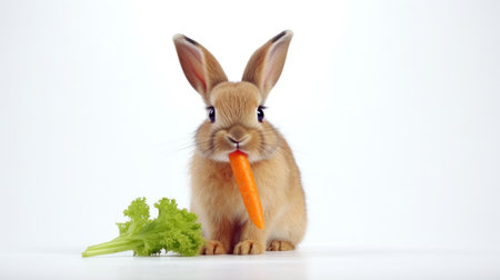 Rabbit eating carrot. Isolated on white background. Cute Easter bunny. Copy space. Ideal for greeting, banner, pet food advertisement, educational content, kids book, animal health, pet care guide.の素材