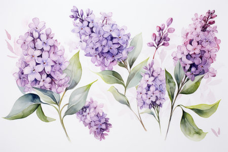 Watercolor Lilac Flowers. Illustration of lilac blossoms with green leaves. Isolated on a white background. Ideal for greeting cards, invitations, wall art, spring-themed design, print materialsの素材