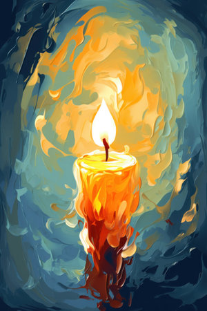 Burning candle. Metaphorical associative card on theme of Fire giving light. In style of oil painting. Psychological abstract picture. Postcard, wall decoration, book illustration.の素材