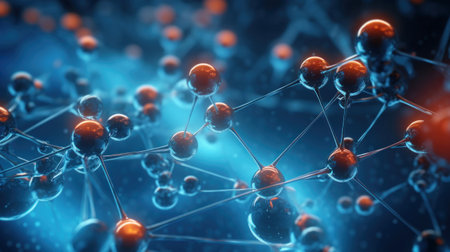 Atoms and molecules. Colorful Spheres in Motion. Abstract background. Futuristic Geometry. Concept of science, chemistry, medicine technology networks. Copy Space. Bubblesの素材