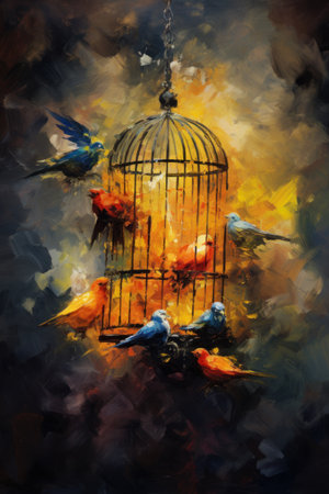Birds fly out of the cage. In style of oil painting. Metaphorical associative card on theme of Liberation. Psychological abstract picture. Postcard, wall decoration, book illustration.の素材