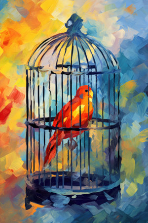 Bird in a cage. In style of oil painting. Metaphorical associative card on theme of Prisoner. Psychological abstract picture. Postcard, wall decoration, book illustration.の素材