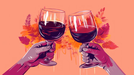 Two hands holding glasses of red wine. Flat illustration in pop art style. Cheers. Congratulations and toast at a party. Romance of two lovers. Perfect for social events and festive occasions.の素材