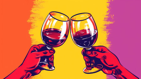 Two hands holding glasses of red wine. Flat illustration in pop art style. Cheers. Congratulations and toast at party. Romance of two lovers. Perfect for social events and festive occasions.の素材