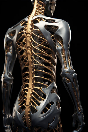 Illustration of man skeleton anatomy on dark background. Skeletal system. Human body bone structure. Ideal for textbooks, medical presentations, educational content, medical brochures, anatomy studiesの素材