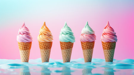 Five different flavored ice creams in cones against a gradient pink-blue background. With copy space. Ideal for dessert menus, promotions, advertising sweet treats, food blogs or culinary websites.の素材